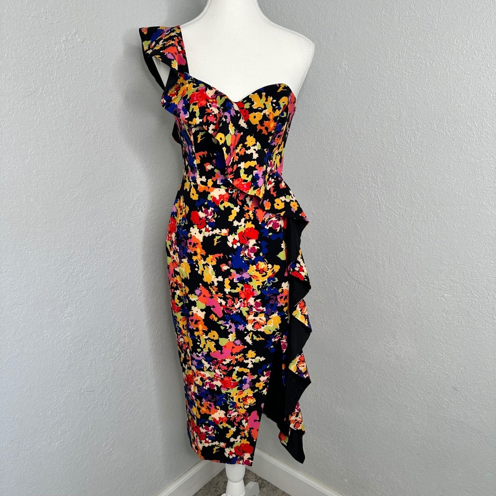 Aidan by Aidan Maddox Abstract One Shoulder Ruffle Midi Dress Black‎ Multi Color